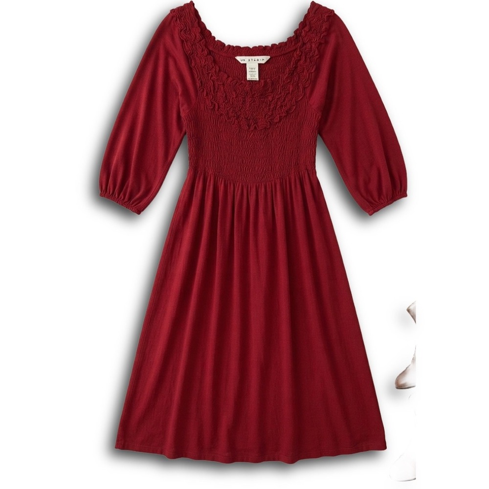 Max Studio Smocked Bodice Ruffle Scoop Neck Dress Burgundy Red 3/4 Sleeve S